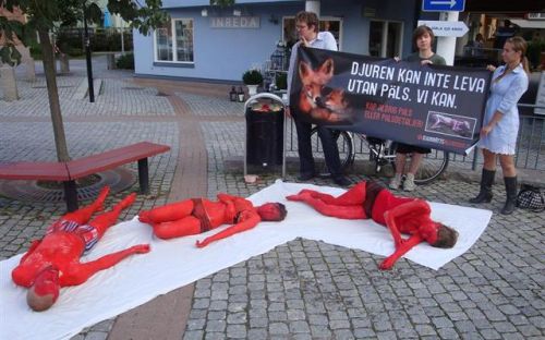 Flådda djurvänner i protest utanför Stockholms modevecka