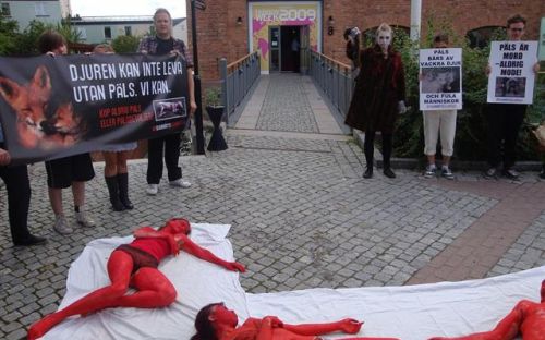 Flådda djurvänner i protest utanför Stockholms modevecka