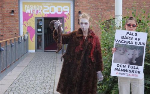 Flådda djurvänner i protest utanför Stockholms modevecka